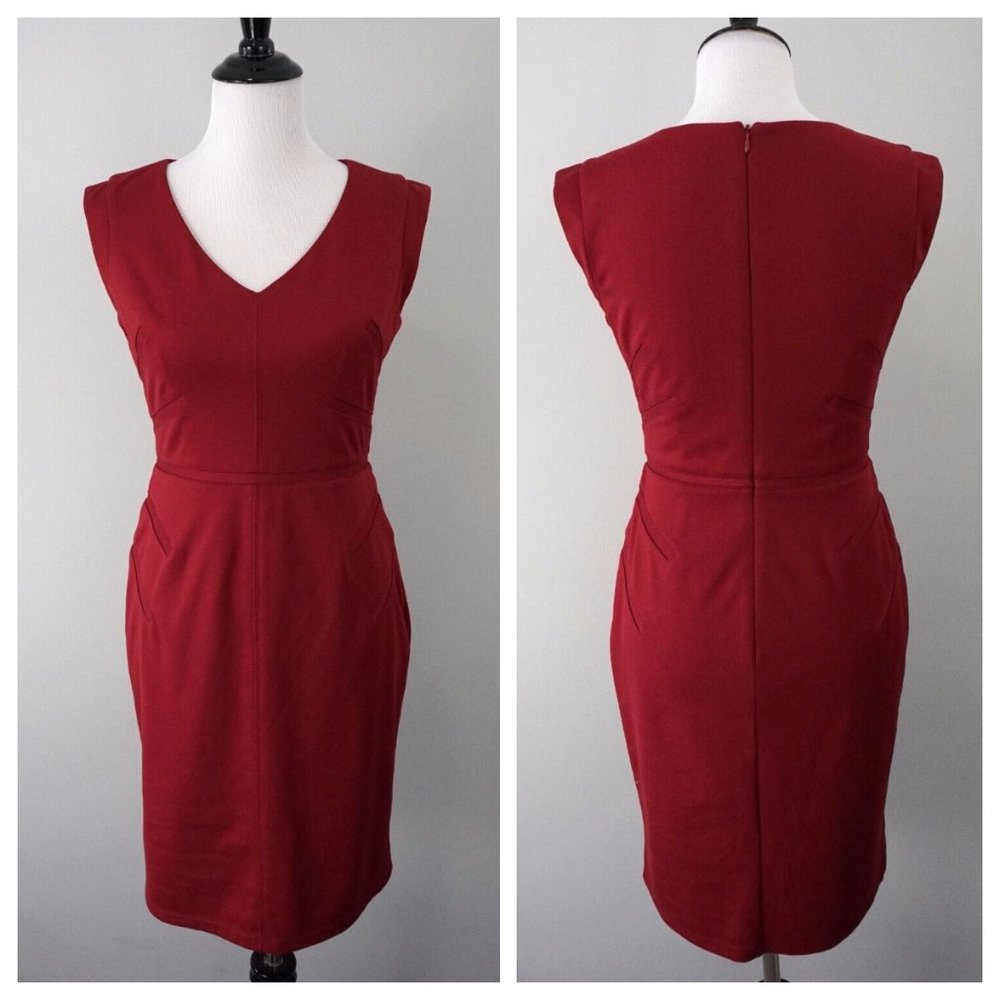 Vince Camuto Red V-Neck Sheath Formal Sleeveless Career Dress Size 4